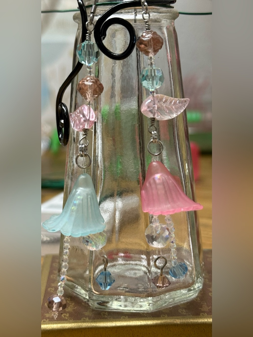 Handmade Fairycore Pastel Flower Dangle Earrings OOAK Glass Bead Artisan Drop